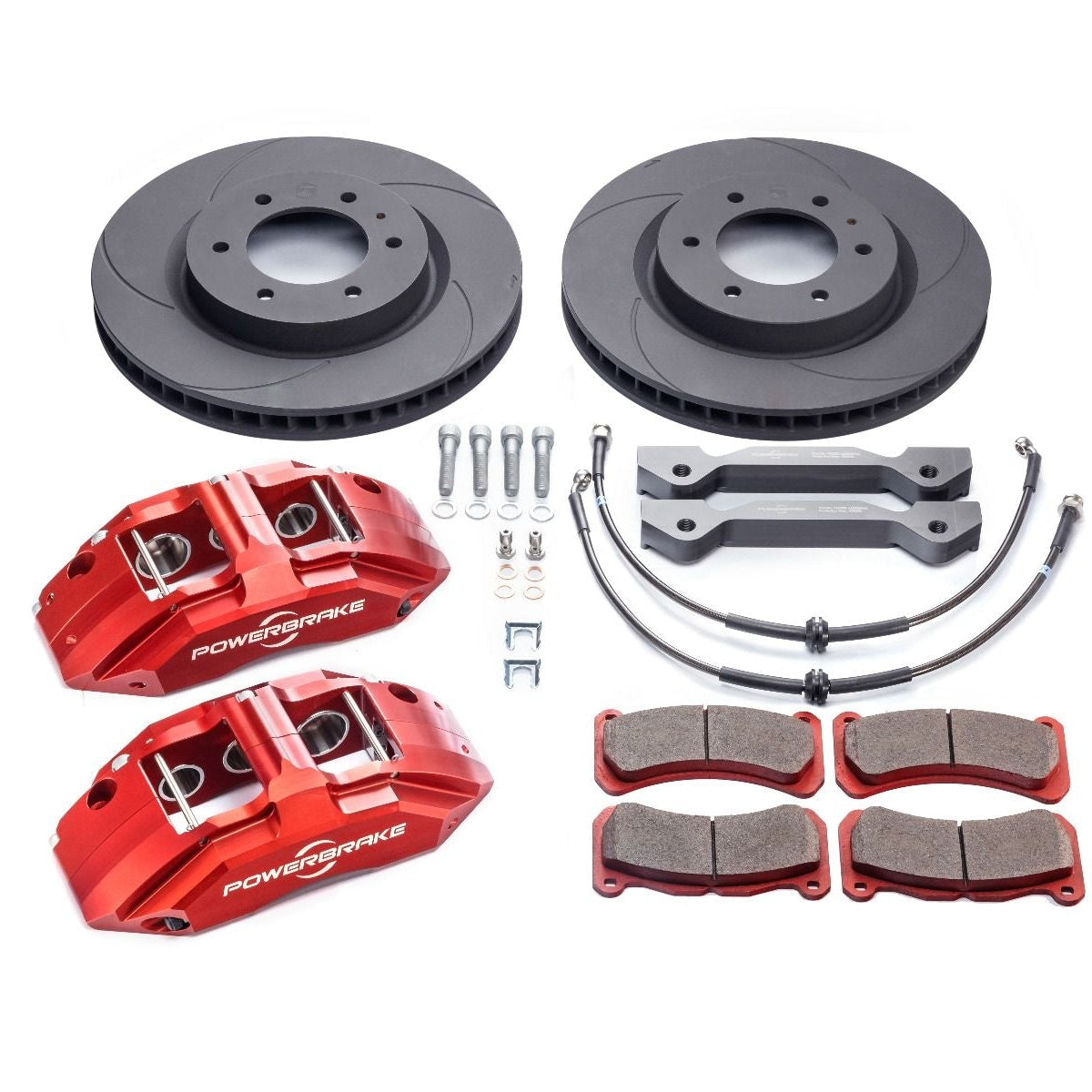 Brake system components including rotors, calipers, and pads on a white background