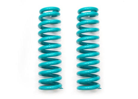Two turquoise coil springs on a white background