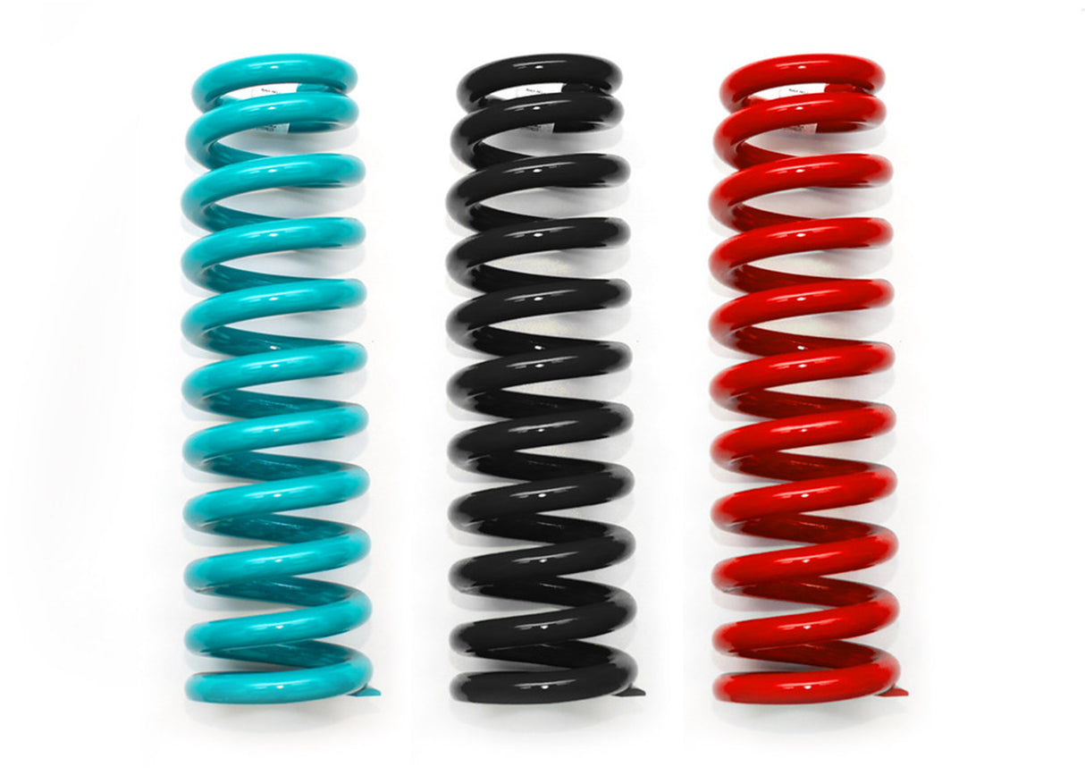 Three coil springs in teal, black, and red on a white background