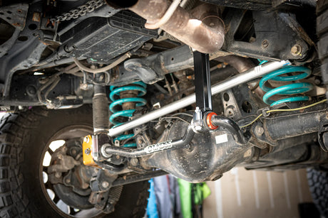 Close-up of a vehicle's suspension system with visible components.