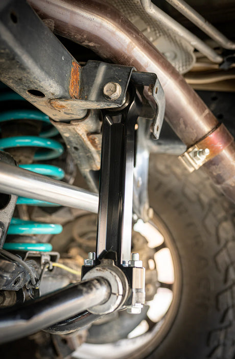 Close-up of a vehicle suspension system with metal components and springs.