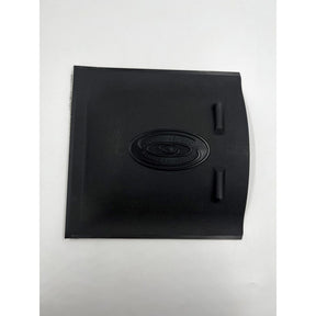 Black screen door with a logo on a white background