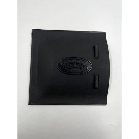 Black screen door with a logo on a white background