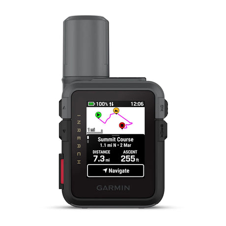 Garmin InReach device with display showing navigation information on a white background