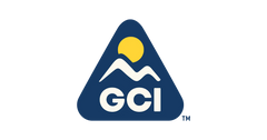 GCI Outdoor logo with a blue triangle, white mountain silhouette, yellow circle, and 'GCI' text on a transparent background.