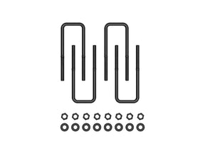 Set of black metal u-bolts and washers on a white background