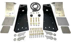 Mechanical parts including brackets, washers, and screws on a white background