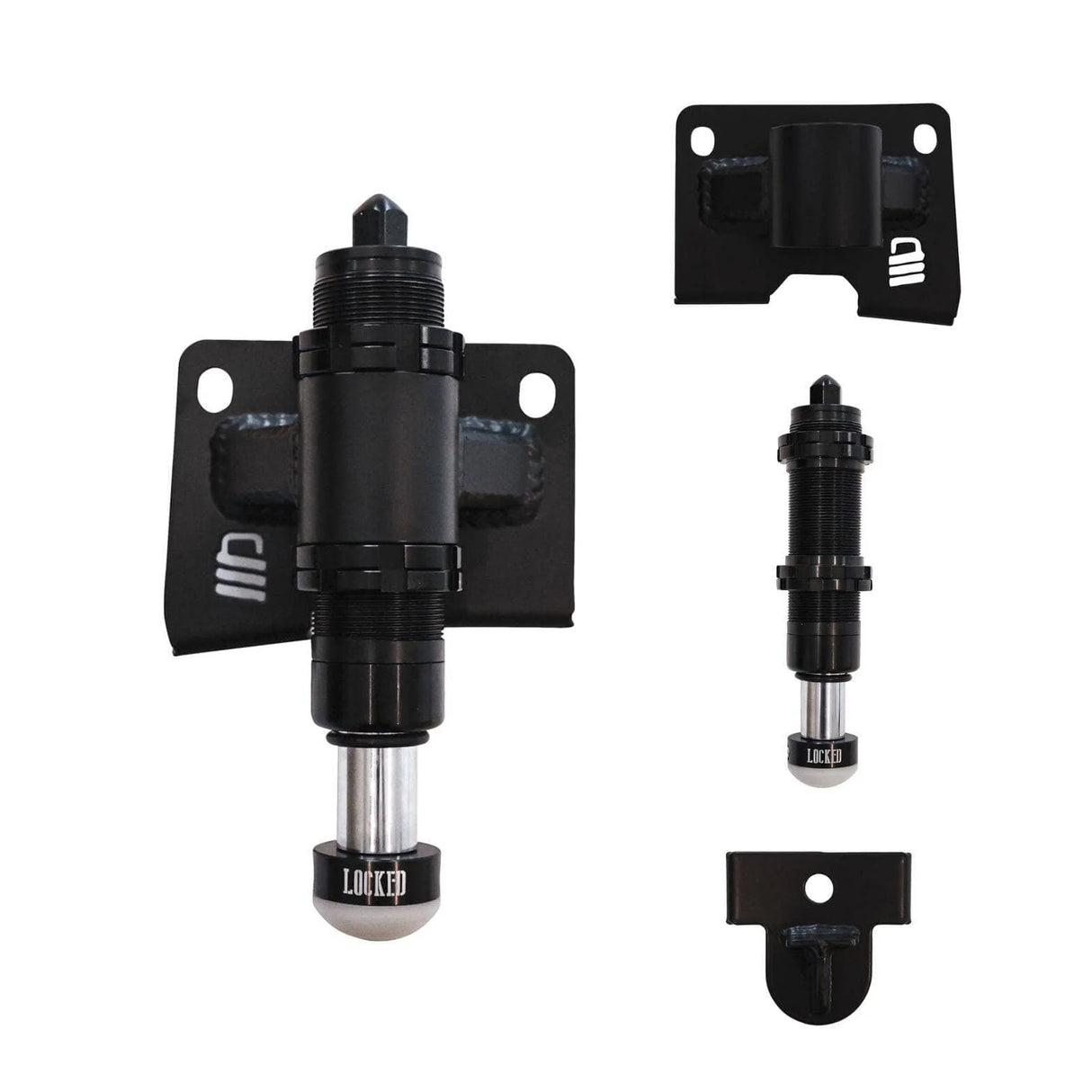 Set of black mechanical components with 'Locked' branding on a white background
