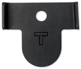 Black metal bracket with a U-shaped design and central hole on a white background