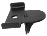 Black metal bracket with a hole and protruding tab on a white background