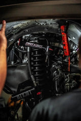 Close-up of a vehicle's suspension system.