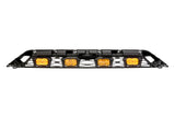 Black metal light bar with four yellow lights on a white background