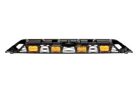 Black metal light bar with four yellow lights on a white background