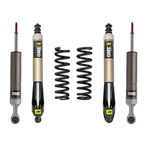Set of OME shock absorbers and springs on a white background