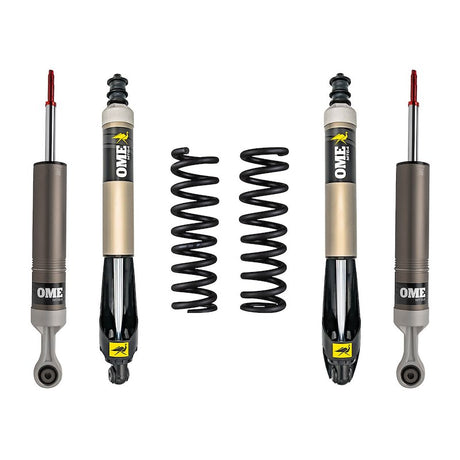 Set of OME shock absorbers and springs on a white background