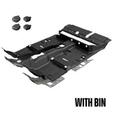 Angled black Armorlite flooring front and rear of cab with bin