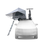 A low-poly white car on a clean white background with a gray rooftop tent mounted on the roof rack and a black bicycle secured behind it.