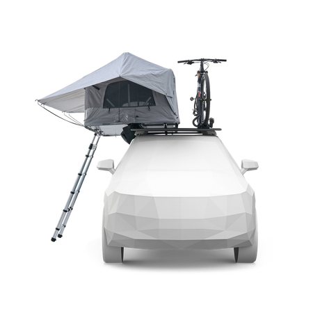 A low-poly white car on a clean white background with a gray rooftop tent mounted on the roof rack and a black bicycle secured behind it.