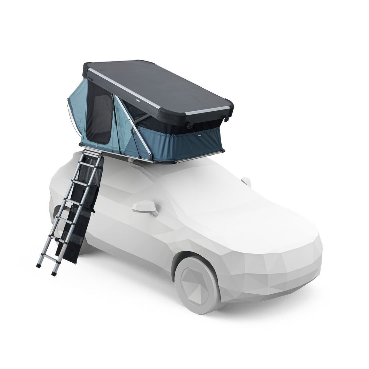 Car with a rooftop tent and ladder on a white background