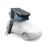 Car with a rooftop tent and ladder on a white background