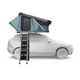 Car with a rooftop tent and ladder on a white background