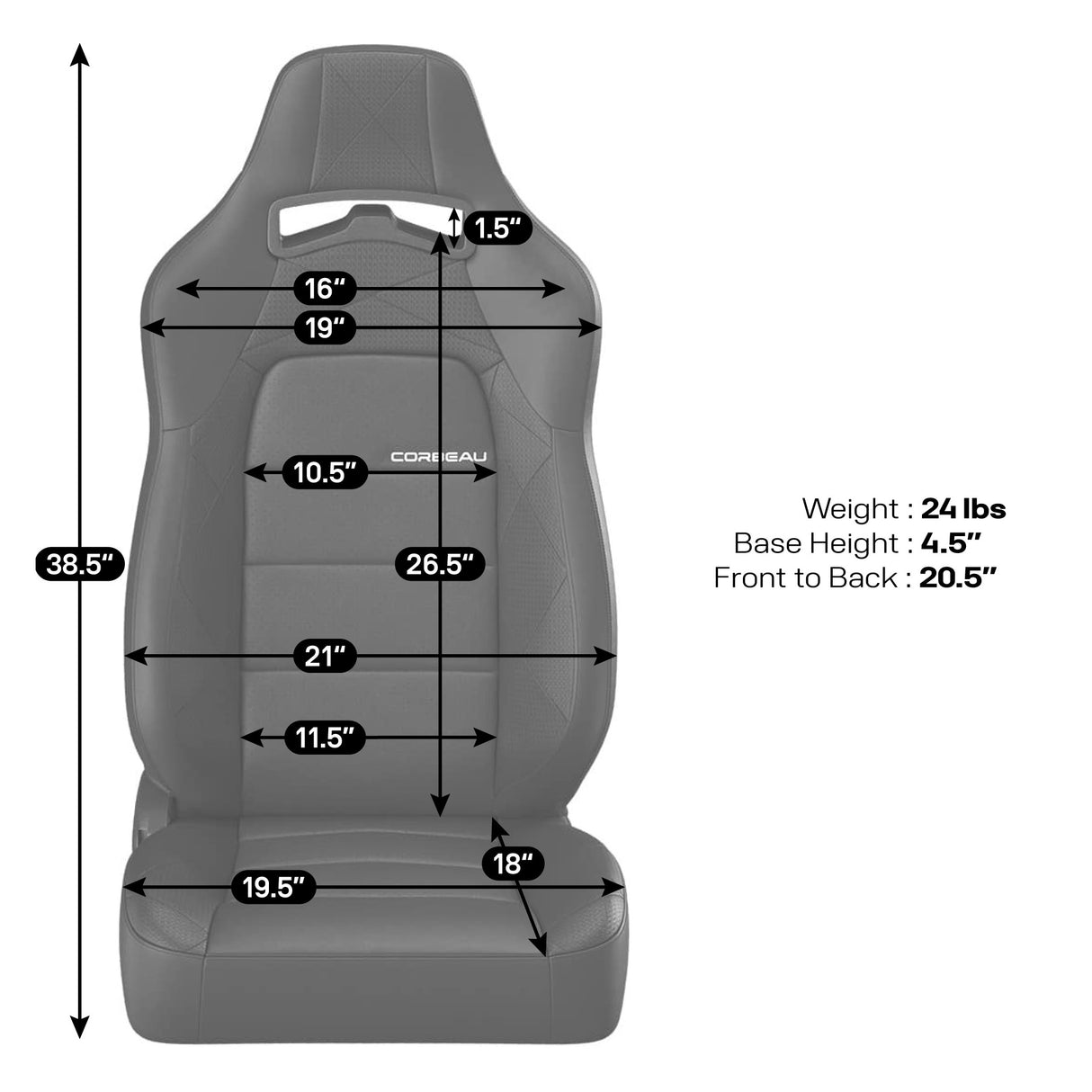 Gray car seat with measurements on a white background