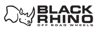 Black Rhino off-road wheels logo with a rhino illustration on a transparent background