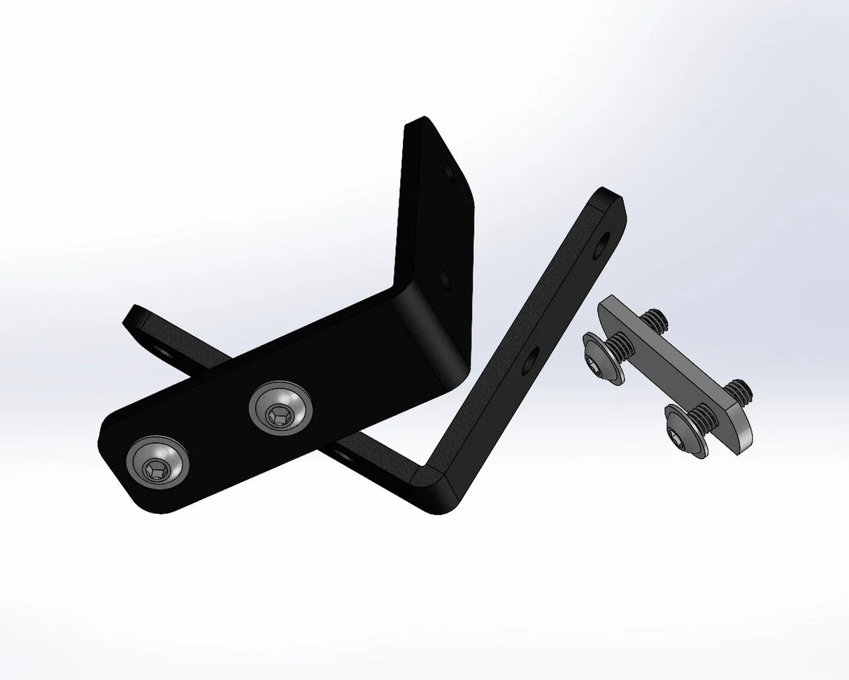 Black metal bracket with screws on a white background