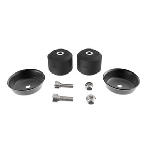 Timbren Active Off-Road Front Bump Stop Kit including two black rubber bump stops and accompanying steel cups with hardware for installation.
